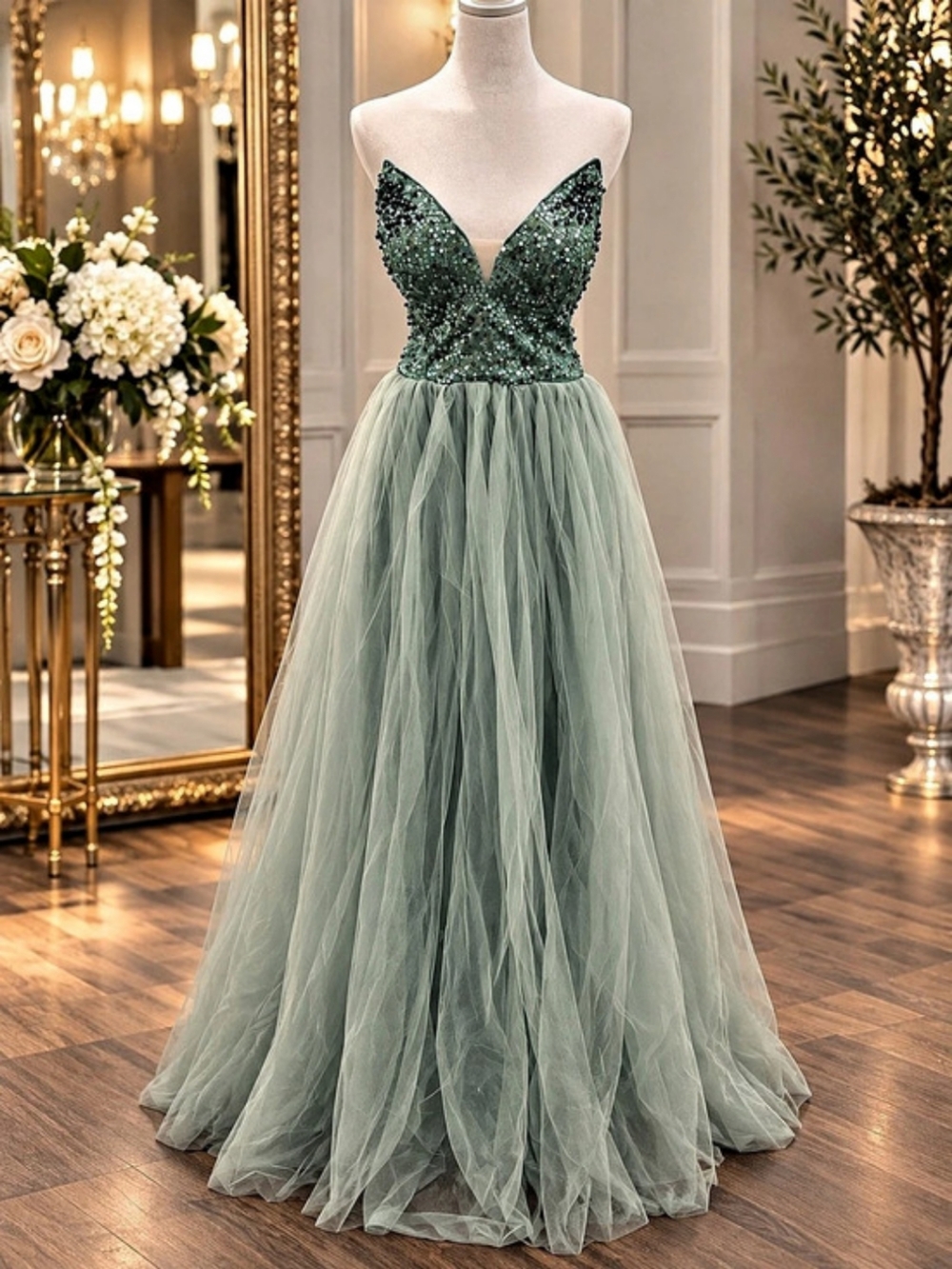 Beaded Bodice Tulle Maxi Gown in Green